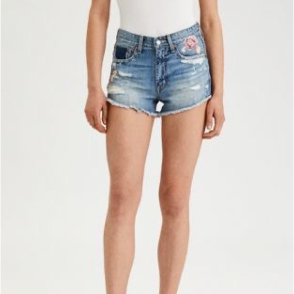 American Eagle Outfitters Light Wash Distressed Embroidered Denim Shorts